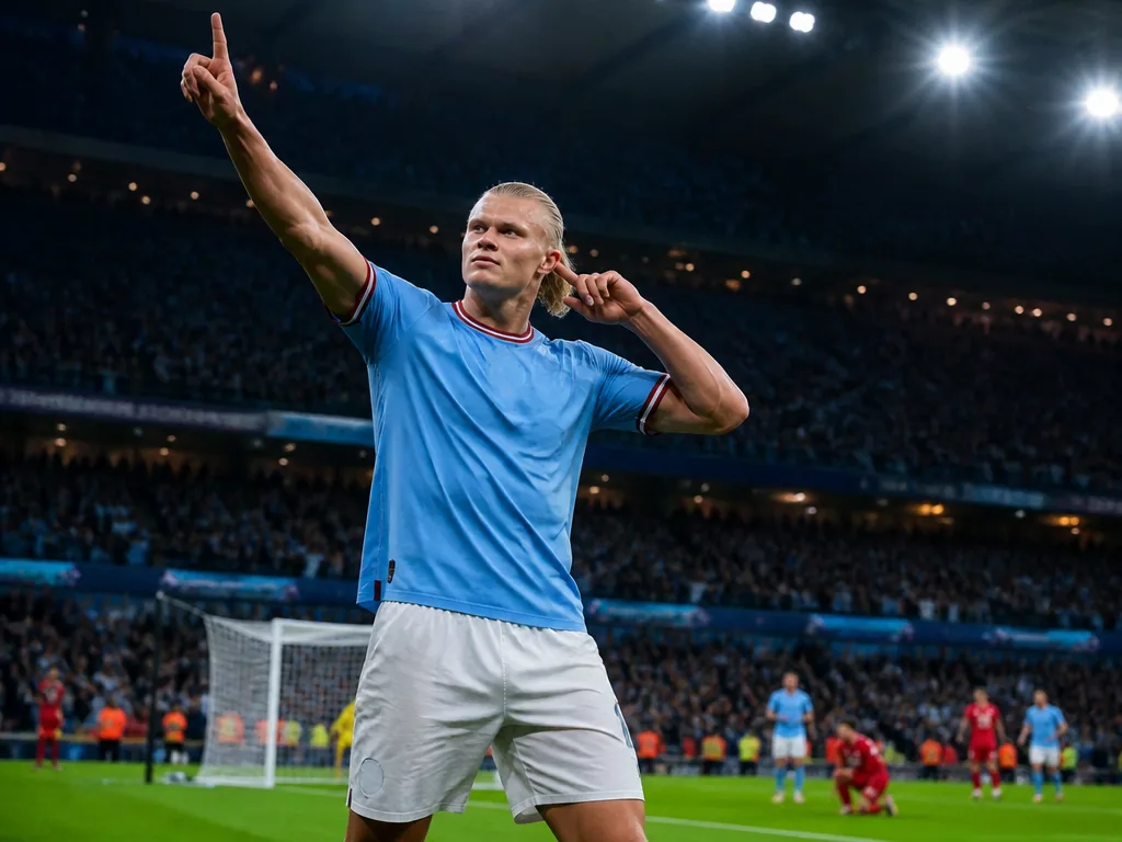 Professionell fotbollsspjutspets firar mål på fullsatt Premier League-arena under kraftfullt stadionljus