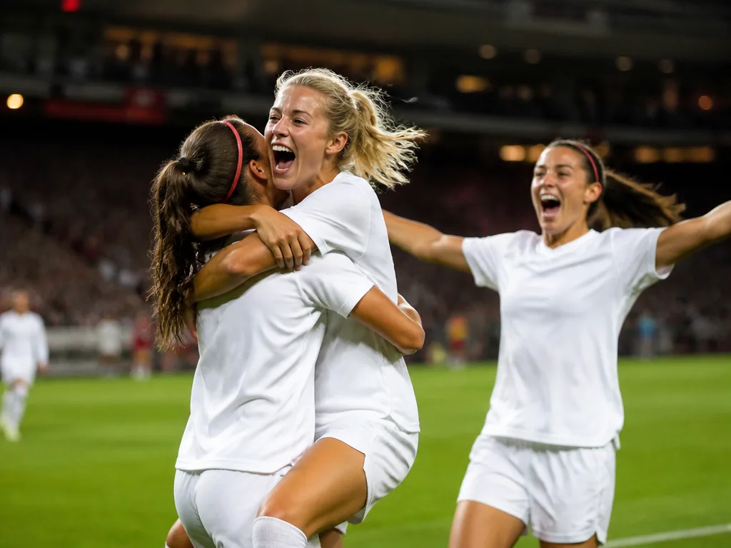 Damfotbollsspelare firar mål i en fullsatt arena under OBOS Damallsvenskan 2026
