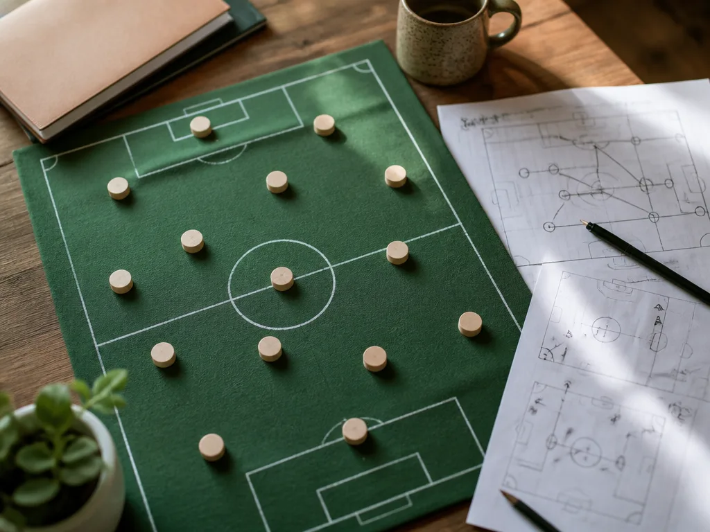 Taktikbräda med speltokens och handritade formationspilar — Allsvenskan Fantasy 2026