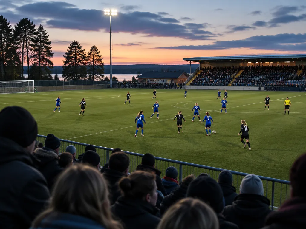 Damfotboll på en svensk arena i skymningen