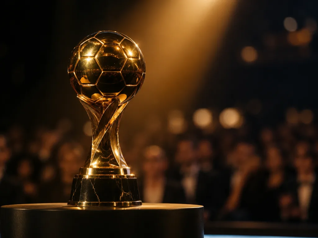 Gyllene fotbollstrofé i strålkastarljus på en scen under en prisgala