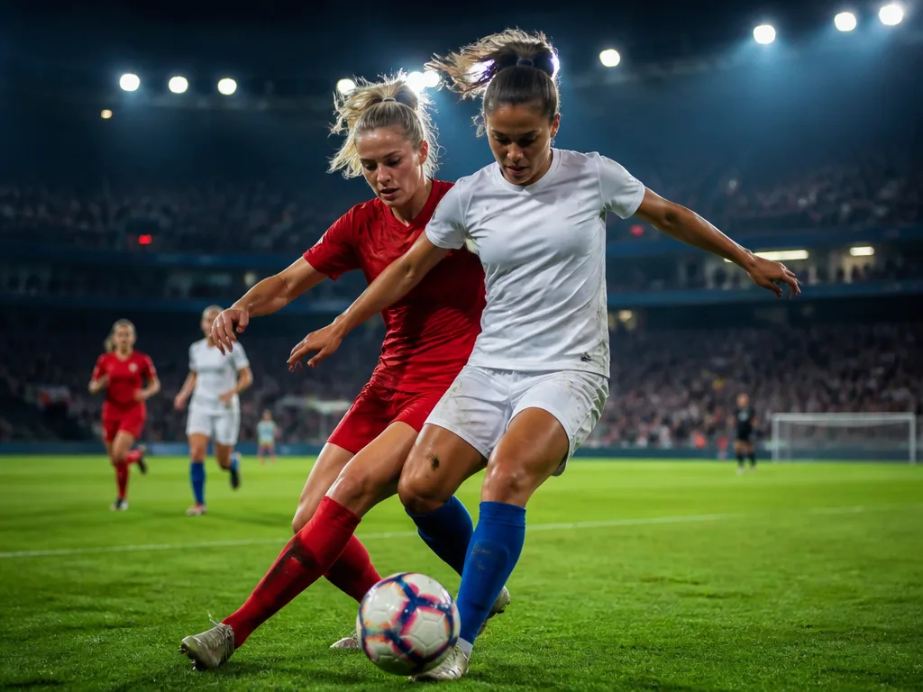 Damfotbollsspelares duell om bollen i ett stortalspektionlit stadium under UEFA Women's Champions League