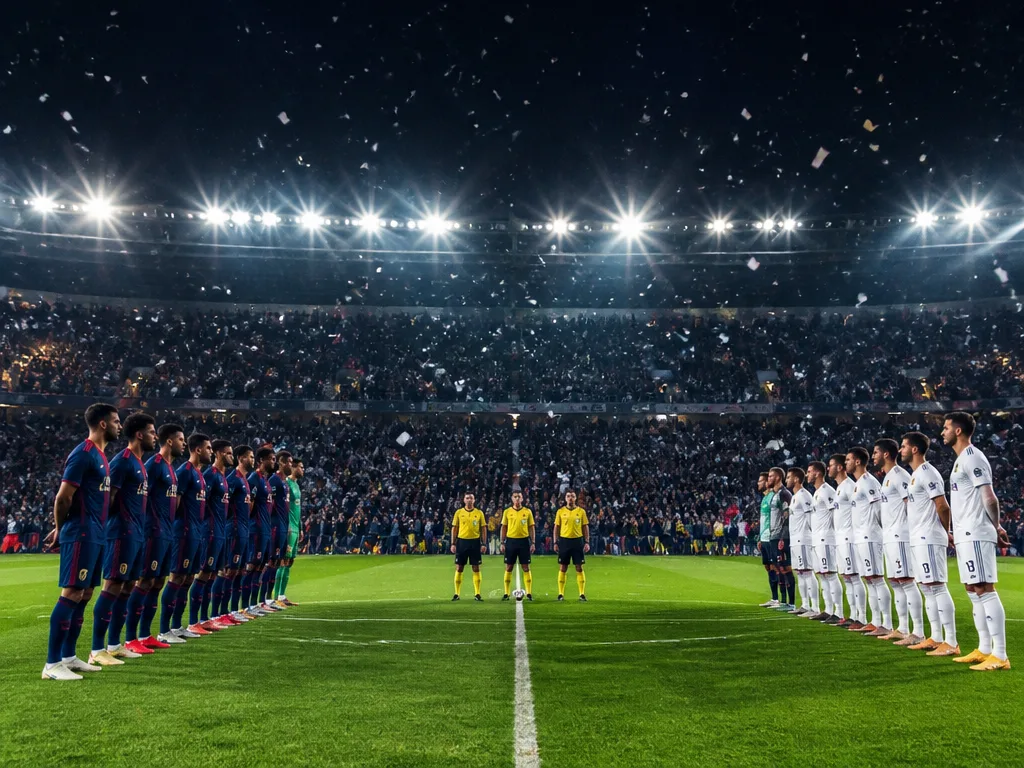Fullsatt fotbollsarena på natten med Champions League-stämning, grönt plank under flodljus och konfetti som regnar ner