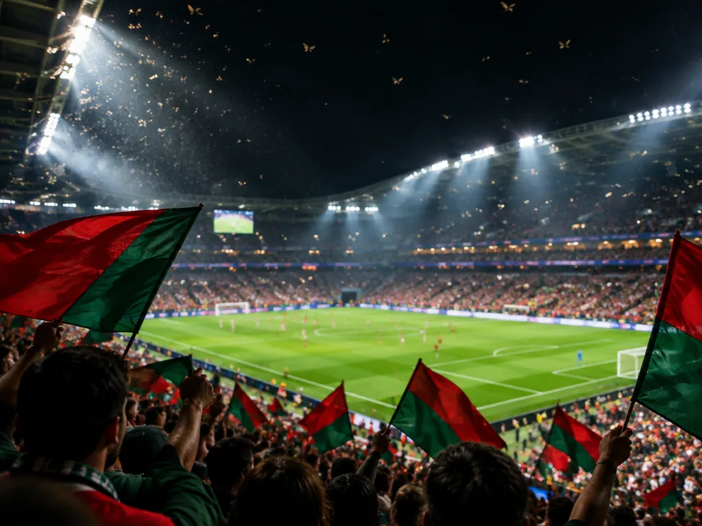 Fullsatt fotbollsarena i kvällsljus med strålkastare, insekter i ljuskäglorna och supportrar som viftar med röda och gröna flaggor