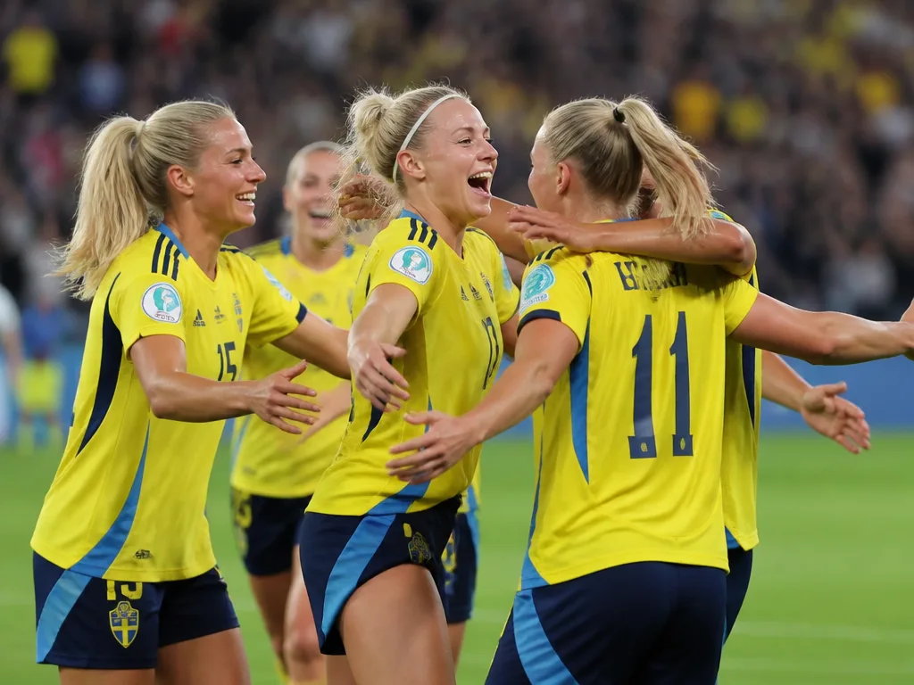 Damfotbollsspelare firar mål under EM fotboll damer 2025 i Schweiz, statistiken och spelet