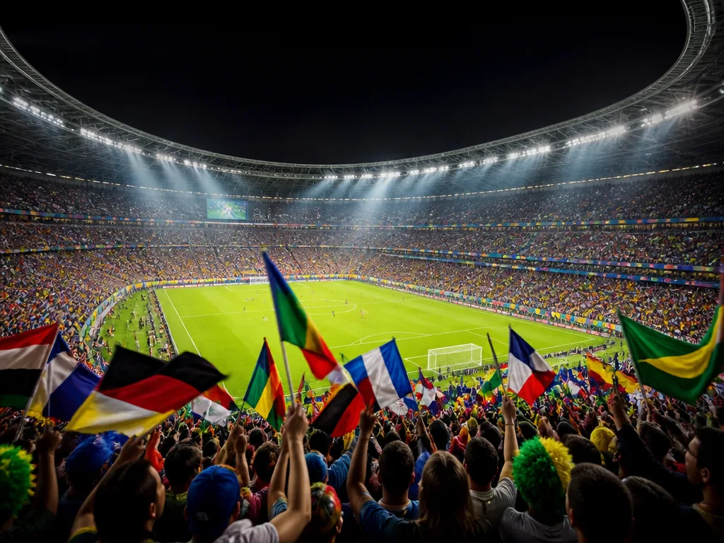 Fullsatt VM-stadion med flaggor och strålkastare under en dramatisk kvällshimmel