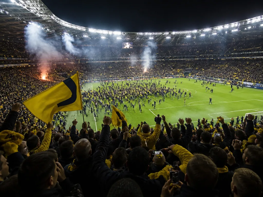Allsvenskan-stadium med fullsatt läktare och grön plan under ljusen — rekordatmosfär