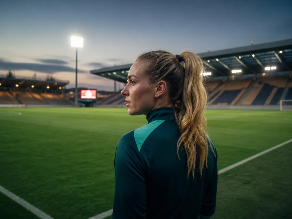 Flodlyst fotbollsarena i skymning med tomma läktare och grön plan, stämning inför en damallsvenskan-match