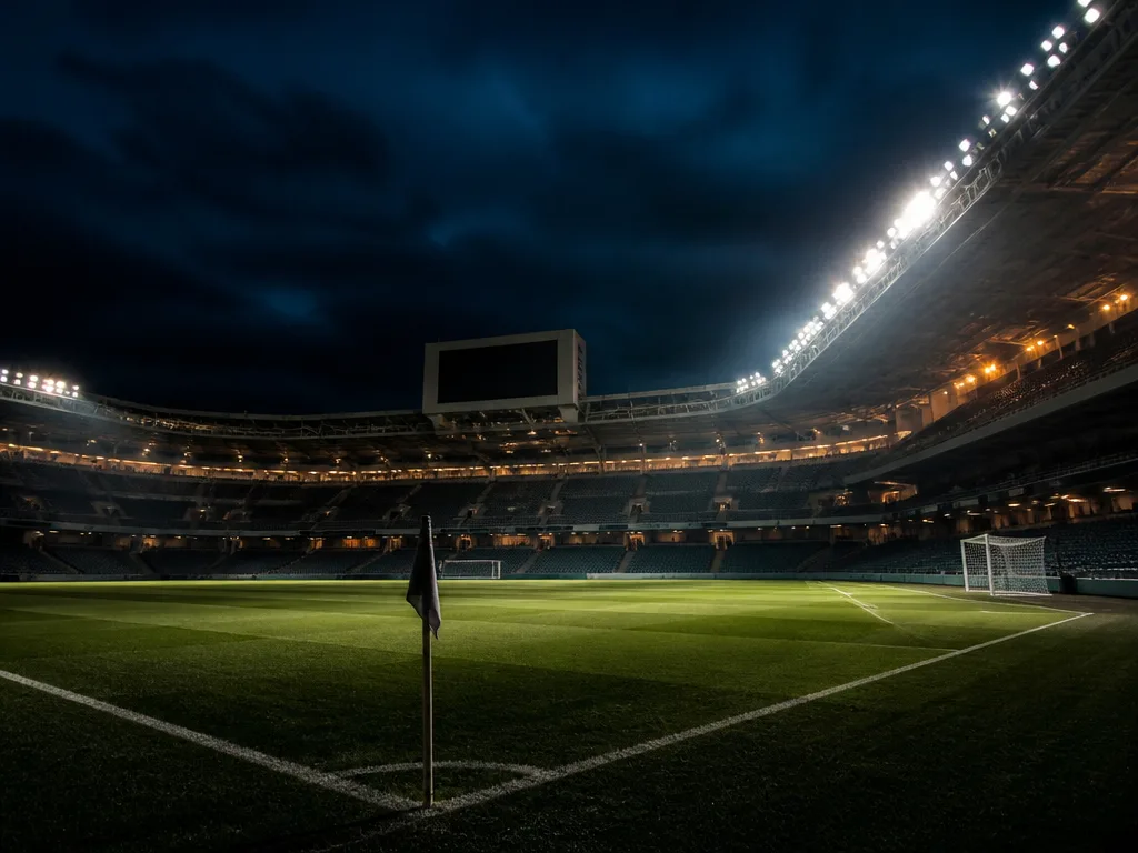 Europeisk fotbollsarena kvällstid under strålkastarljus, stämning från Europa League-kväll