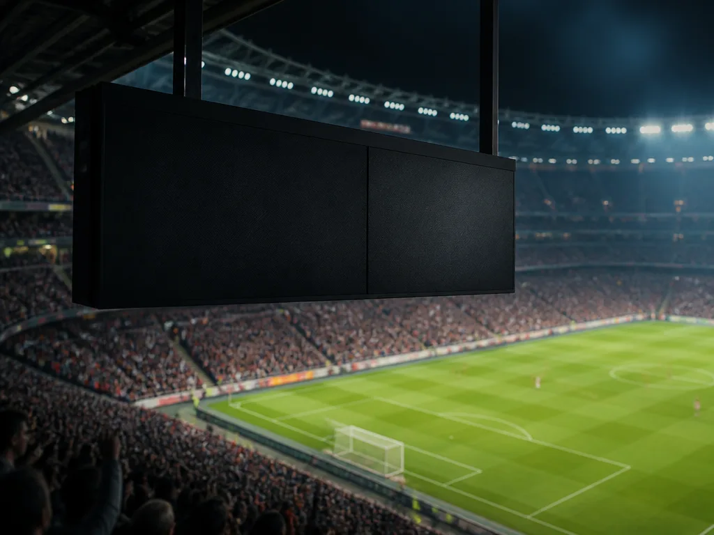 Dramatisk stadionvy med floodlit fotbollsplan och fullsatt läktare — Premier League-stämning