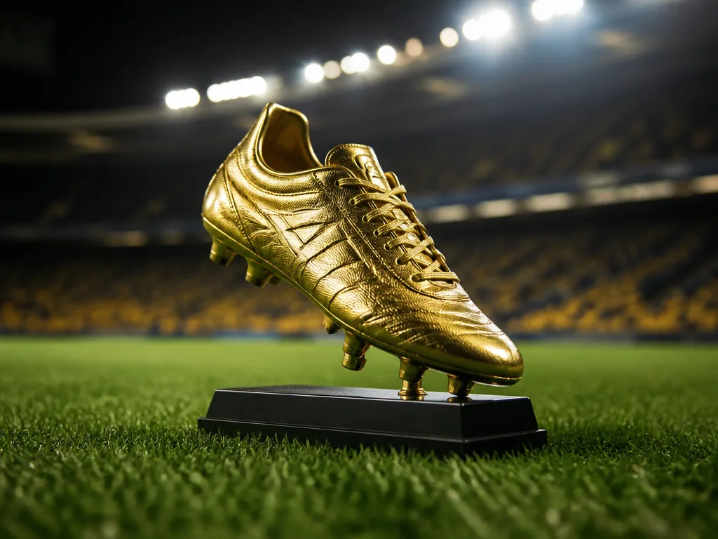 Gyllene fotbollsskorna troféstil på grönt stadionsgräs med dramatisk strålkastarbelysning