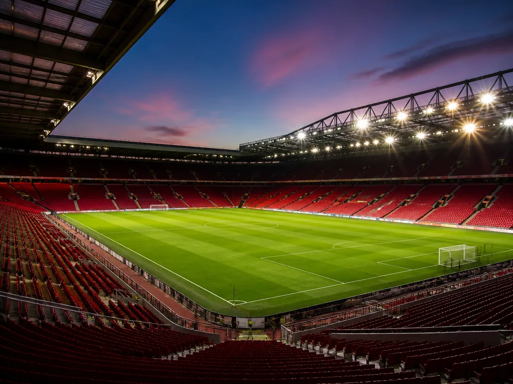 Premier League-stadion i kvällsljus med spelplanen upplyst av strålkastare