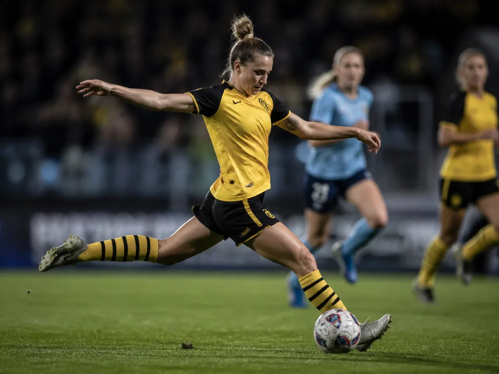 Fotbollsspelare i gult och svart skjuter mot mål på grön plan under strålkastarljus