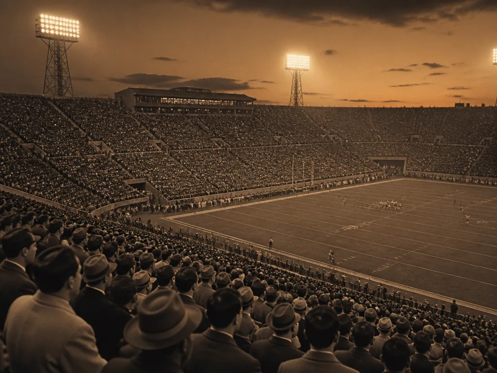 Fullsatt fotbollsarena i skymning med strålkastarljus, i nostalgisk stämning från 1950-talet