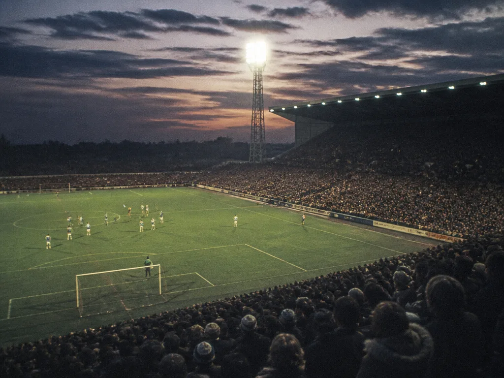 Fotbollsarena i skymning med strålkastarljus och fullsatta läktare, nostalgisk 1970-talsstämning