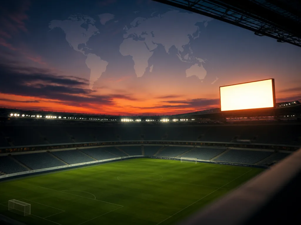 Tom fotbollsarena i skymning med tänd flodljusbelysning inför fotbolls-VM 2030