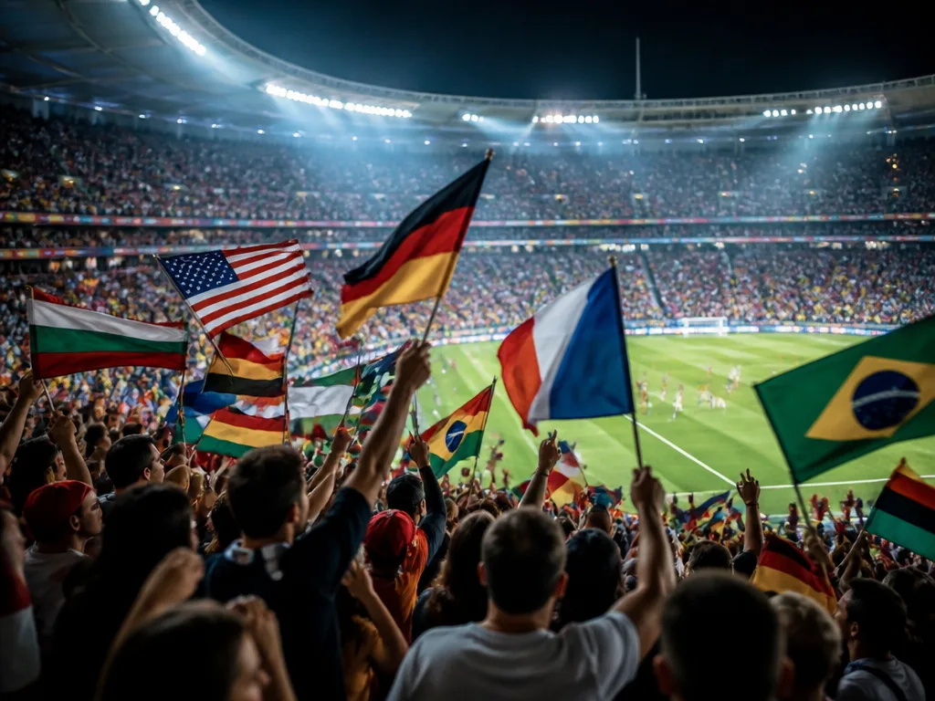 Fotbollsstadion fylld av fans med nationalflaggor från VM 2026