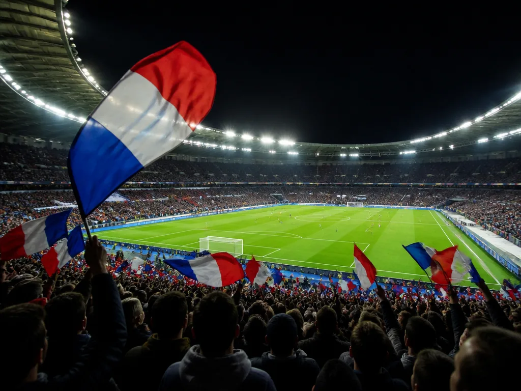 Europeiskt kvalstadion under VM-kval 2026 — fullsatt läktare med strålkastarbelysning